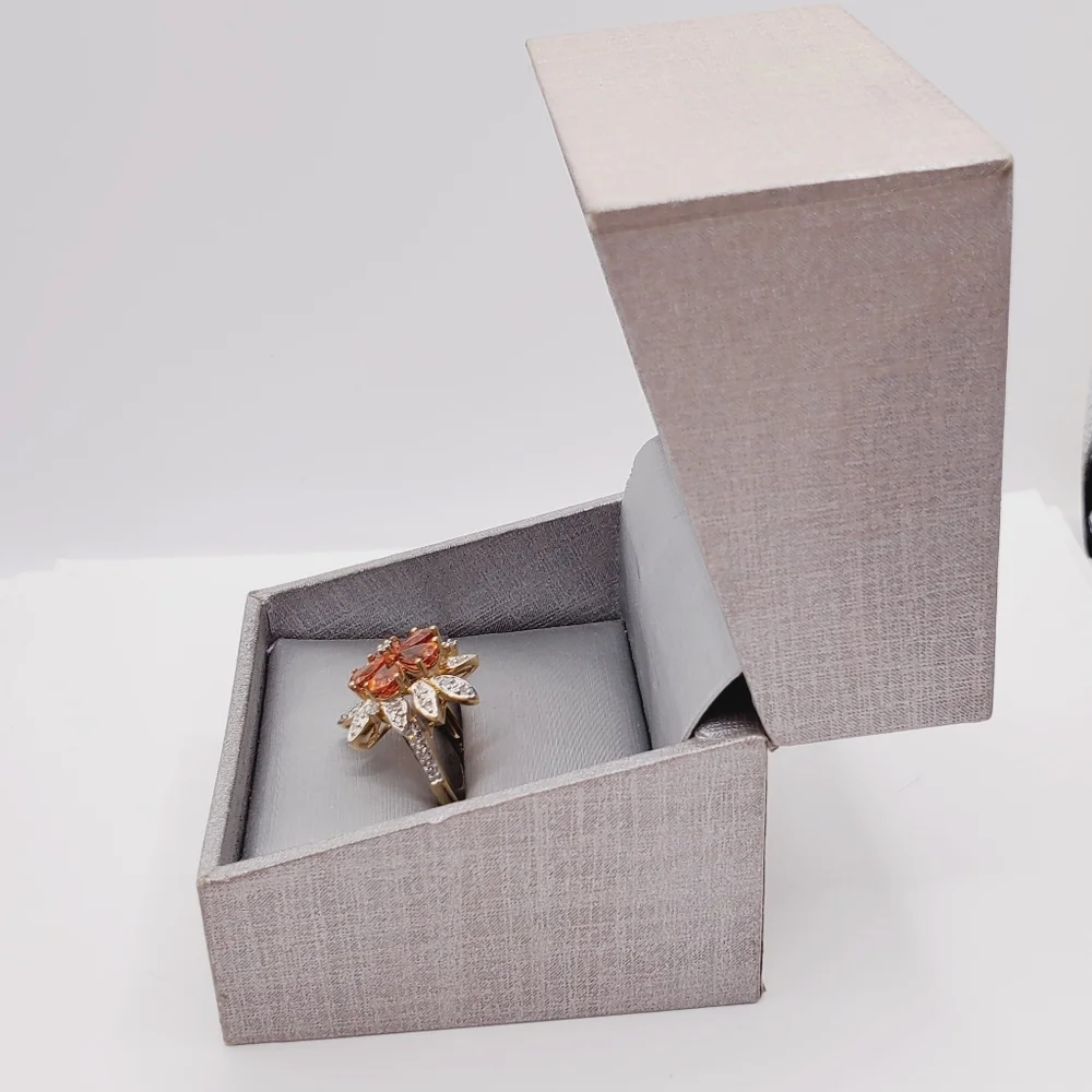 10k Solid Yellow Gold Genuine Spessartite Mandarin Garnet & Diamond Flower Ring
